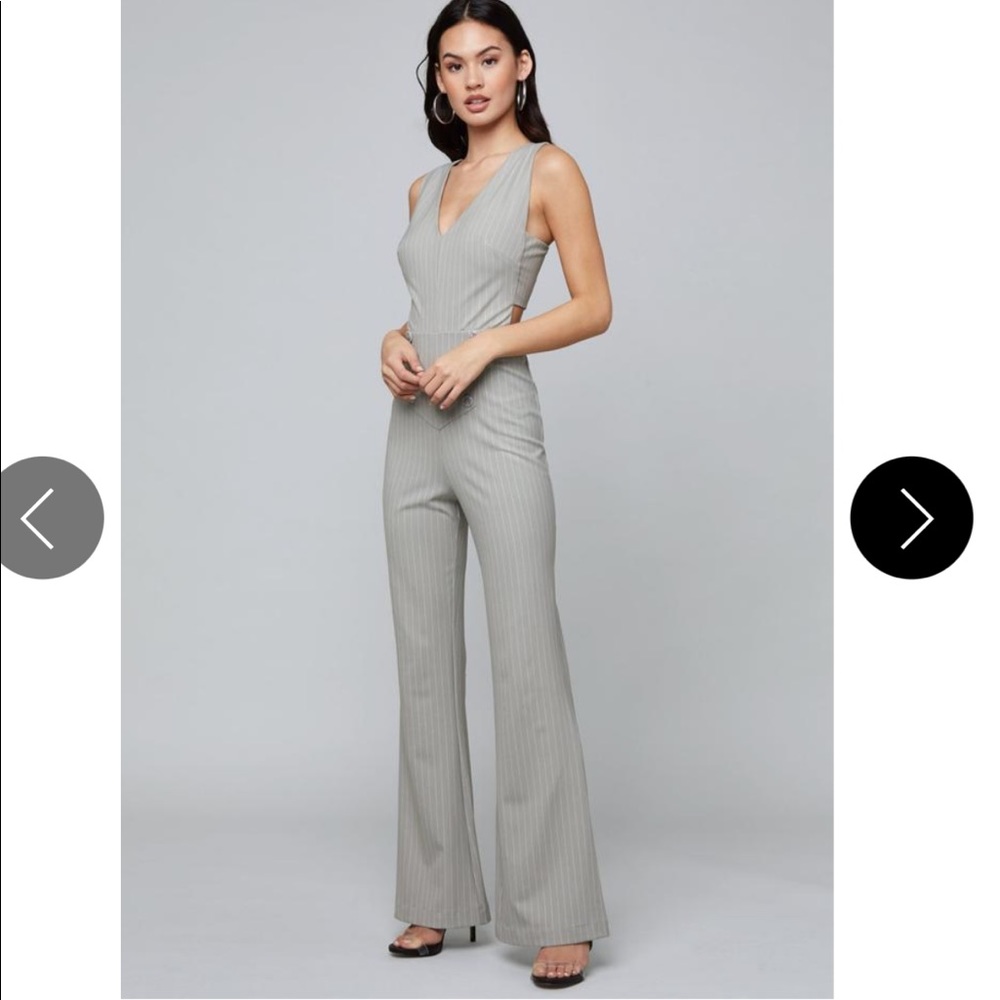 00 Bebe Mitered Pinstripe Jumpsuit / Light Grey - V Neck, Open Sides, Zip Back